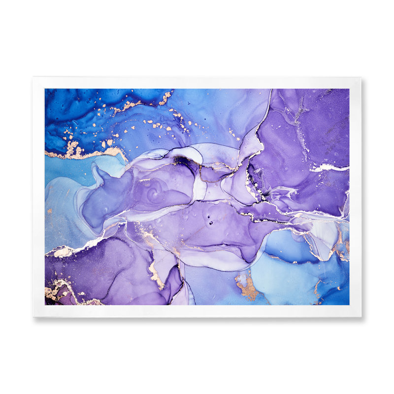 Bleu et mauve abstrait marbre I - peinture sur toile, H 34 po x l 44 po, Cadre de coin blanc fermé