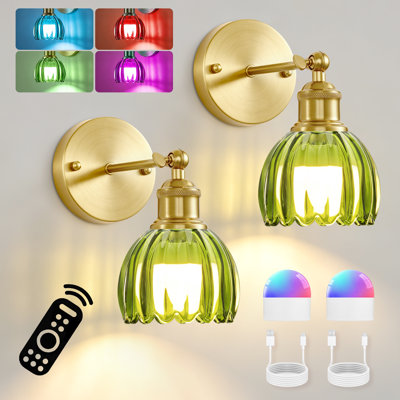 Set of 2 Battery Operated Wireless Wall Sconces with Rechargeable LED Bulbs and Remote Control, RGB Dimmable Lights with Tulip Glass Shades