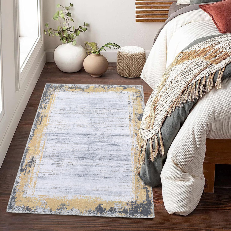 Machine Washable Rugs Bordered Modern Non-Slip Low Pile Rubber Backing Indoor Area Rug for Living Room Bedroom Kitchen Dining Room