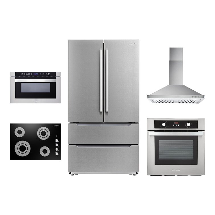 Cosmo 4 Piece Kitchen Appliance Package 36 Electric Cooktop 30 Single  Electric Wall Oven 24 Built-In Microwave Drawer & French Door Refrigerator