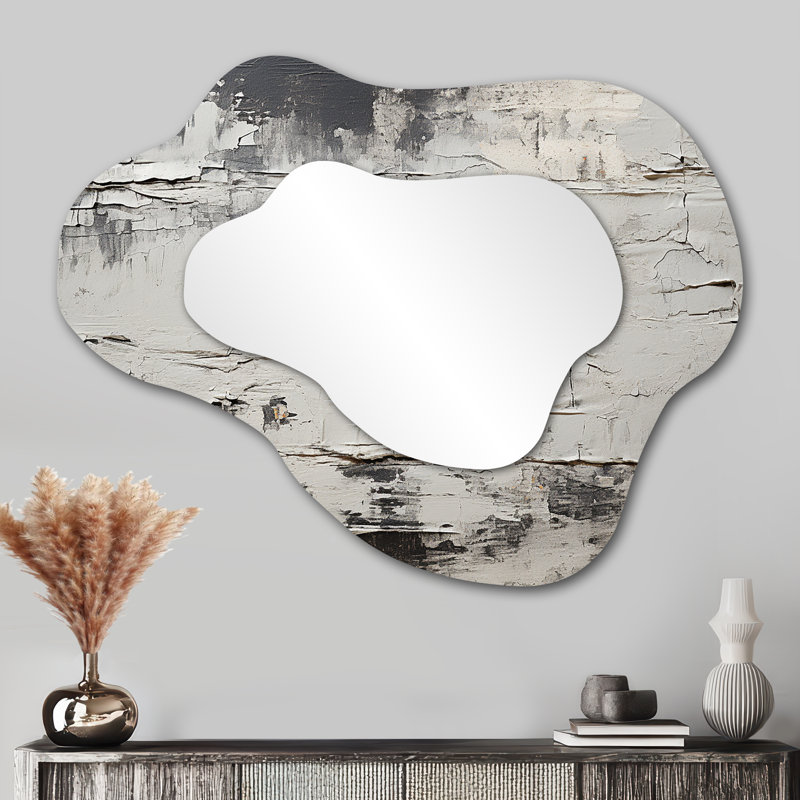 Abstrait gris lunaire Surface III - grand miroir Tachisme Cloud, miroir mural décoratif asymétrique moderne, impression d'art en métal