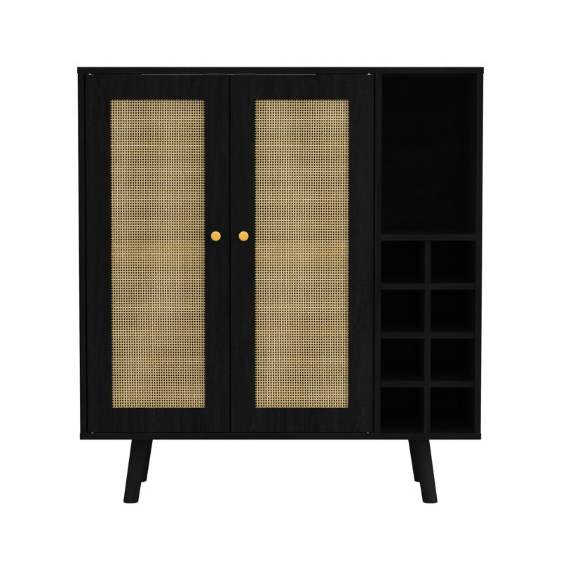Bar bohémien, portes en rotin, porte-bouteilles amovible en ébène, Noir, noir, noir, noir