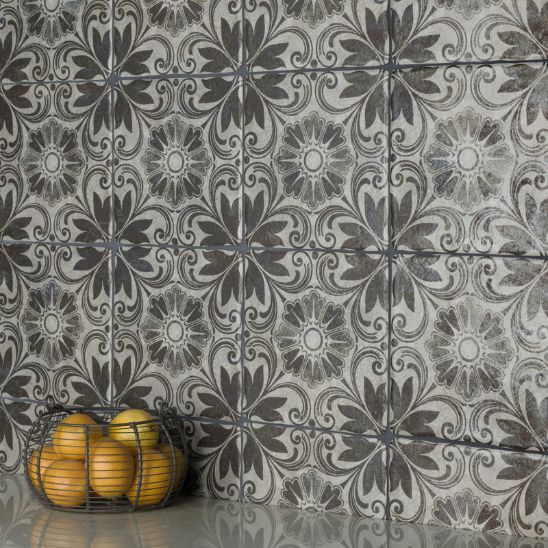 Costa 8" x 8" Ceramic Patterned Wall & Floor Tile, Matte Gray/Brown