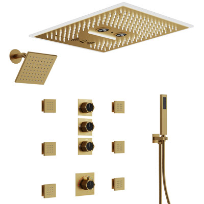 16" LED Thermostatic Shower System with Bluetooth Music, 6" Rainfall Shower faucet with Handheld  Shower