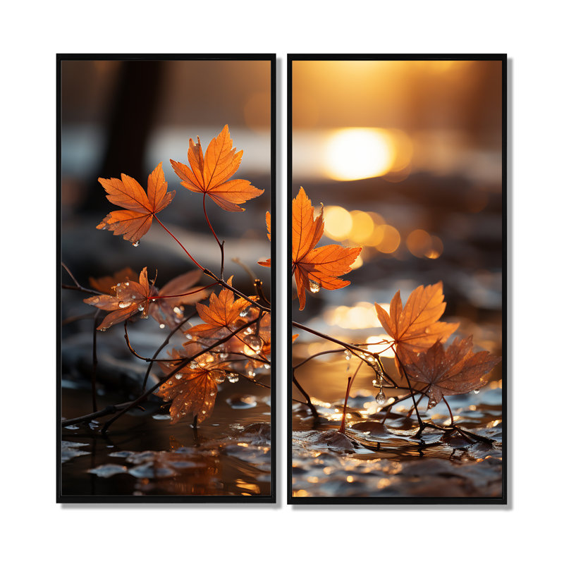 «Orange Autumn Maple Leaves I - Lake Mountains», impressions sur toile, H 32 po x l 32 po, Impression encadrée flottante
