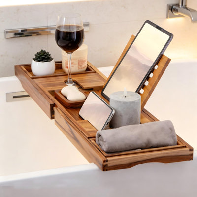 Plateau de baignoire en teck avec porte-livres et porte-savon