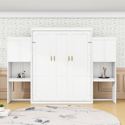 Grand lit escamotable en bois avec tablettes intégrées, bureau et coiffeuse