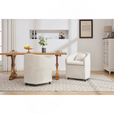 Set Of 1 Chenille Fabric Dining Armchair With Back Cushion And Universal Wheels