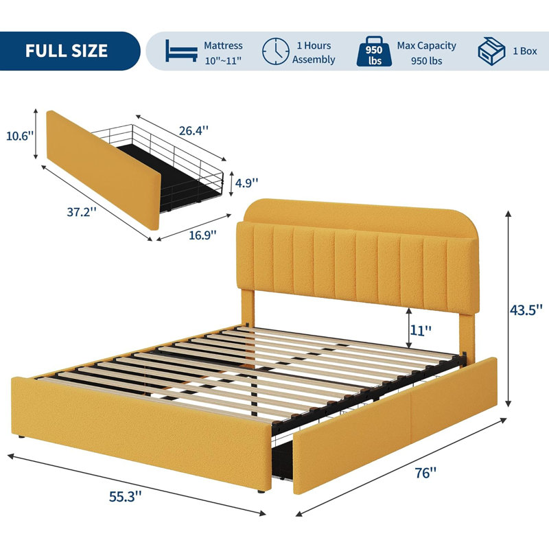 Full Bed Frame with Storage Headboard and 2 Drawers Kids Upholstered Platform Bed with Bookcase Sturdy Wooden Slats Support No Box Spring Needed Noise FreeYellow