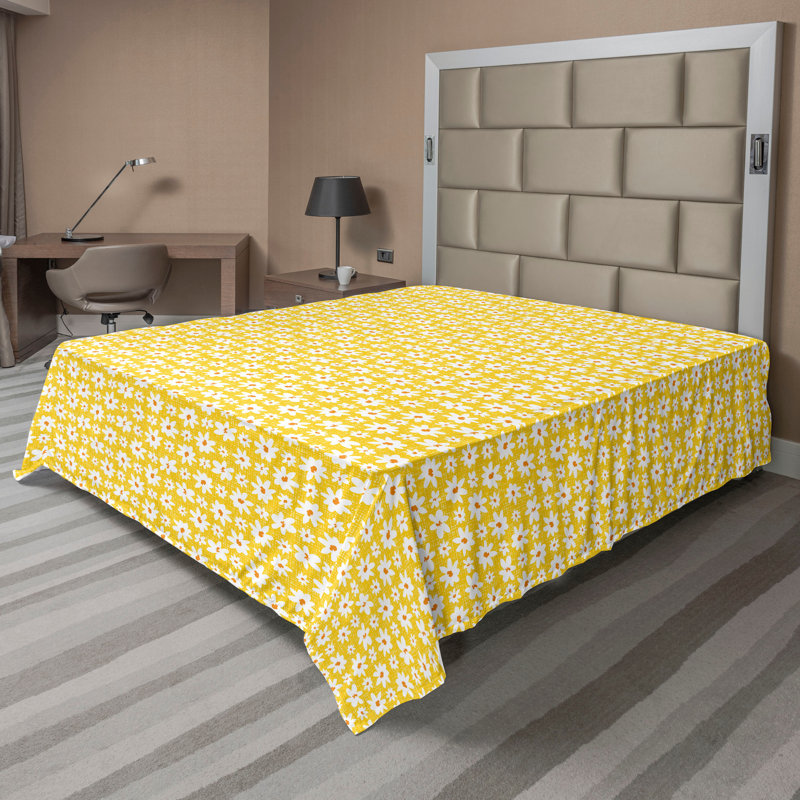 Drap plat moderne de style bohème Ambesonne, Jaune terre / orange / motif floral blanc, Full Flat Sheet