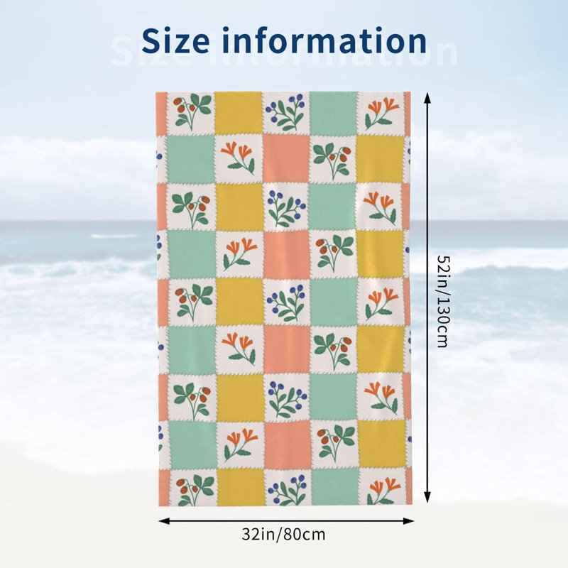 Serviette de plage à carreaux et fleurs de baies en microfibre douce, absorbante et à séchage rapide, idéale pour les voyages, la piscine et la salle de bain. Cadeau parfait pour hommes et femmes. Accessoires de plage, 127 x 152 cm.