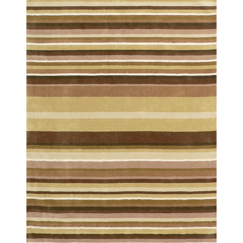 Tapis décoratif en laine Touffetée à la main à rayures Brigg/vert soie/brun/blanc, Rectangle 7 pi 9 po x 9 pi 9 po