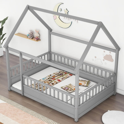 Grey Pine Wood Floor Bed With Attractive House Roof And Safe Fence Guardrail Solid Full Size In Feature