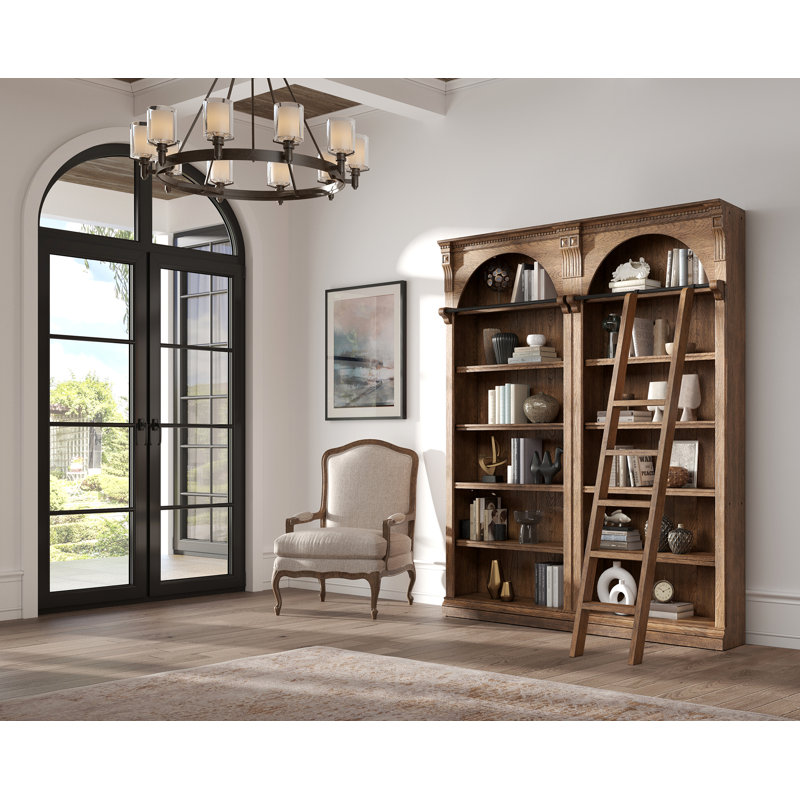 Brown 8' Tall Adjustable Wood Bookcase with Ladder