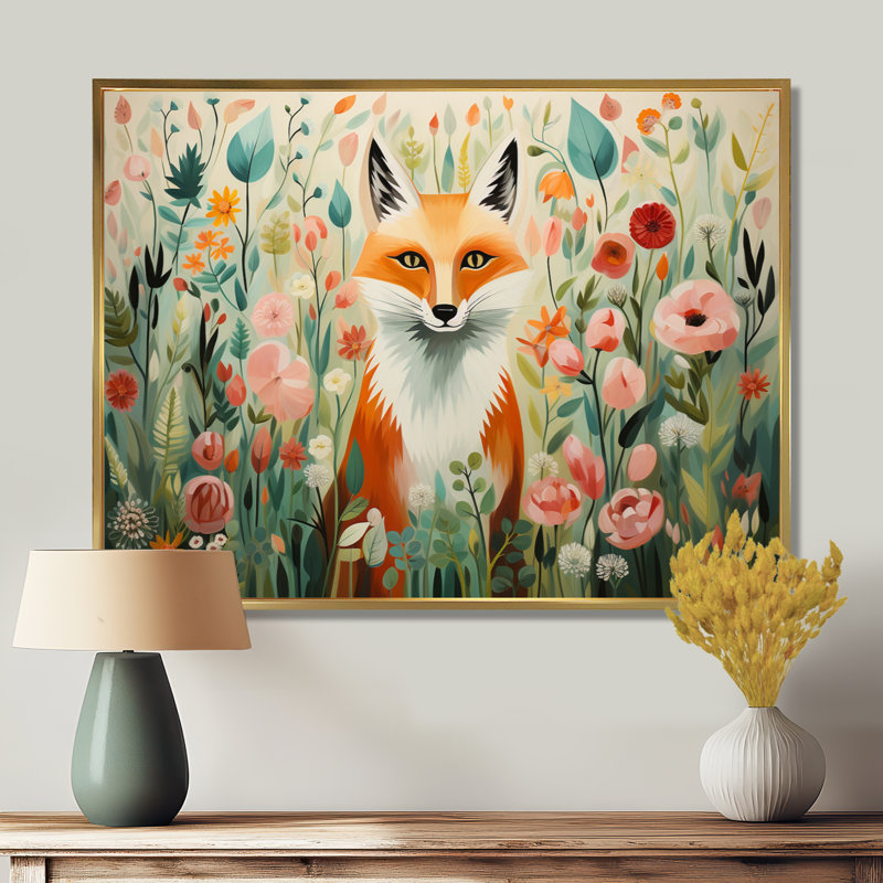 Art sur toile renard orange et rose de style IV - renard, Cadre flottant doré, H 24 po x l 32 po x P 1 po