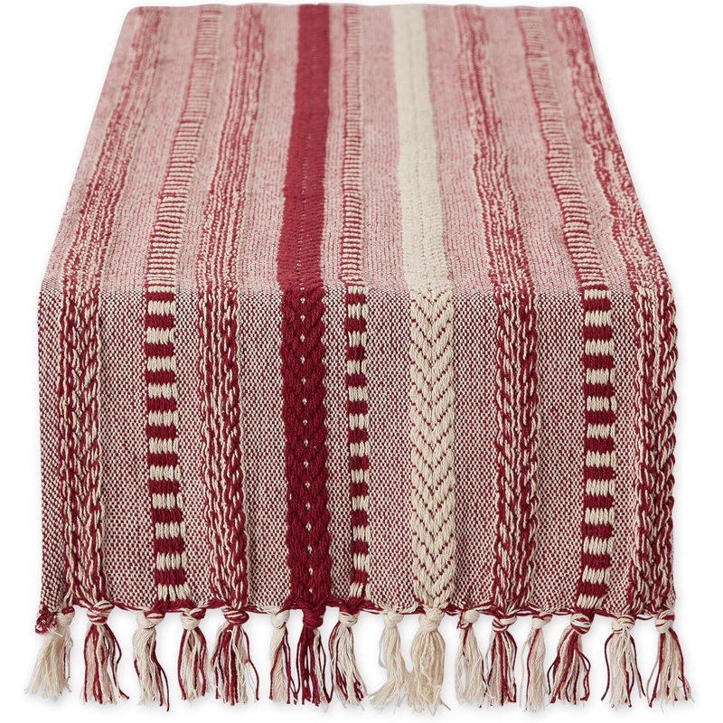 77" Long Farmhouse Braided Stripe Cotton Table Runner with Macrame Fringe, Barn Red