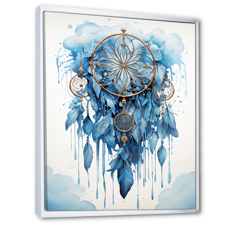 «Blue Boho Dreamcatcher Watercolor», reproduction sur toile, 32" H x 16" W, Cadre flottant blanc
