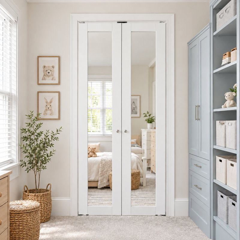 Mirrored Solid Manufactured Wood Pivot-French Door with Installation Hardware Kit, 42" x 80"