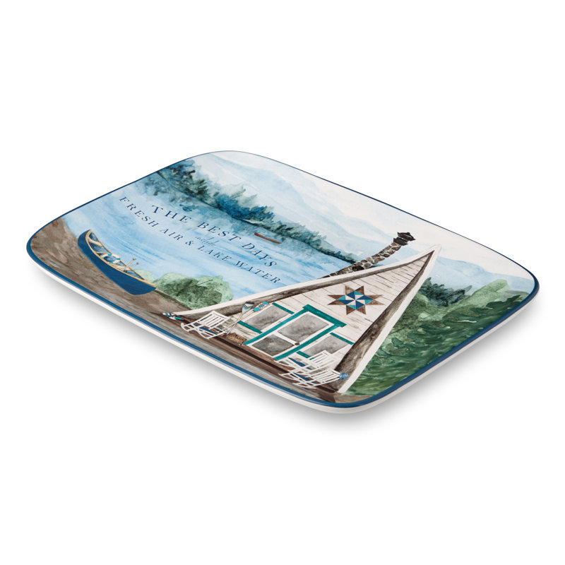 Plateau rectangulaire de 14 x 10 pouces Wake at the Lake, conception inspirée du bord du lac avec des œuvres d'art pittoresques, grès durable, va au lave-vaisselle et au micro-ondes, parfait pour les hors-d'œuvre et les plats principaux