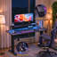 Multi-Purpose Home Office & Gaming Desk, Ergonomic Carbon Fibre Table with LED Lights, Built-in Monitor Stand, Supplied with Cup Holder, Headphone Hook & Mouse Pad, Black-82863607