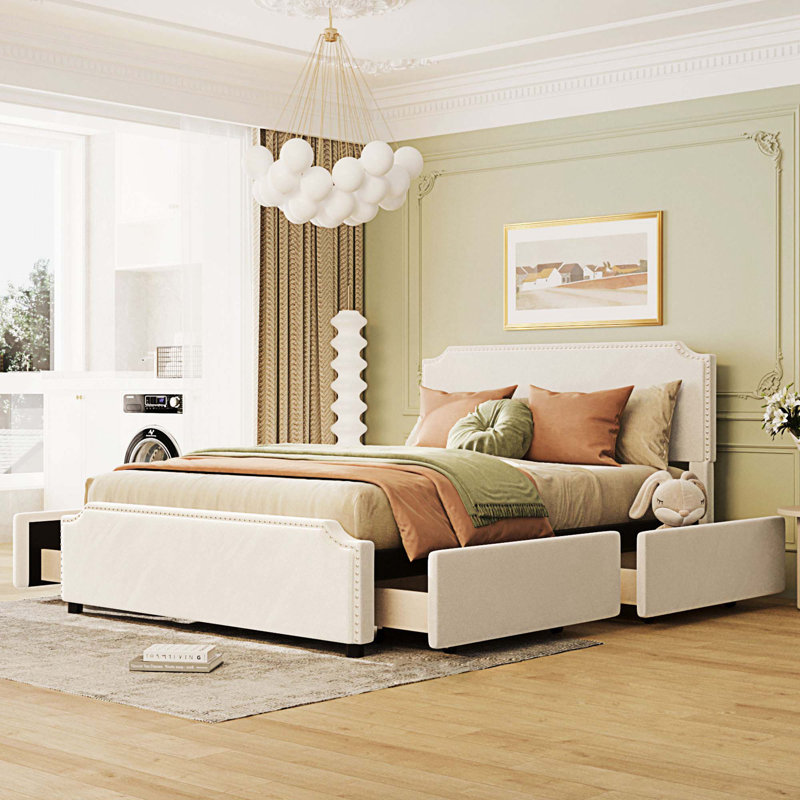 Grand lit plateforme de rangement tapissier, Beige