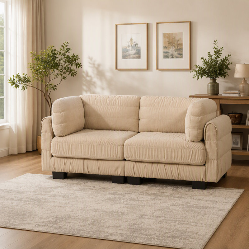 Canapé d'angle modulaire deux places en chenille à détails froncés, mousse haute densité, coussins de dossier épais en forme de L, montage facile, pour salon, chambre, couleur camel