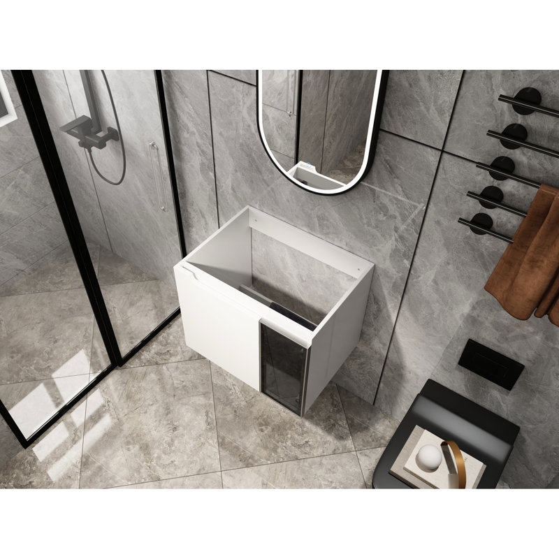 Meuble-lavabo mural de 61 cm pour salle de bain, 2 portes à fermeture douce, aspect blanc brillant, demi-porte en verre gris, base en contreplaqué, emballage démonté, lavabo non inclus, solution de rangement élégante pour salle de bain.