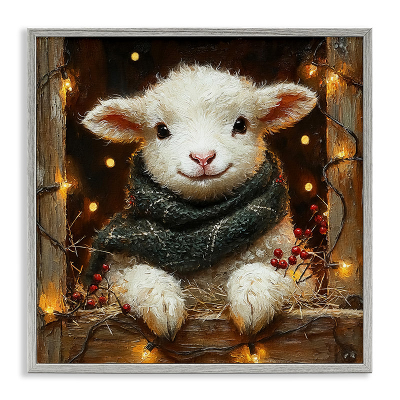Agneau festif avec lumières des Fêtes, estampe numérique, conception de Riley B, Estampe numérique Farmhouse