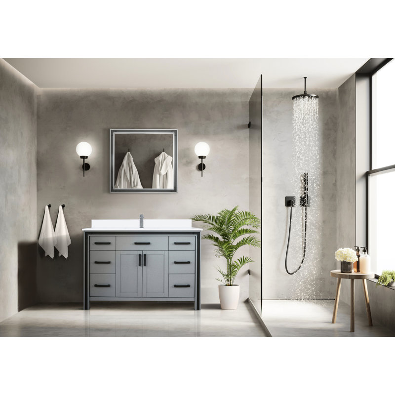 Gris foncé 48 po L x P 22 po avec comptoir en marbre, robinet, miroir 34, comptoir à rayures et taches pour un plateau de bain élégant et durable