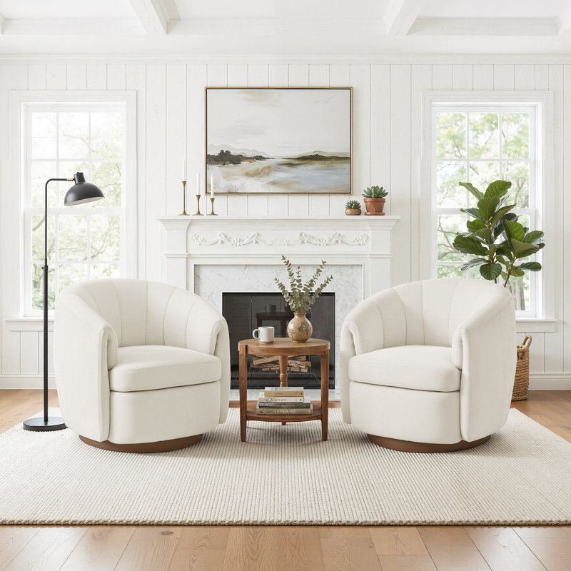Swivel Barrel Chair with Solid Wood Base (Set of 2 ), Beige Chenille