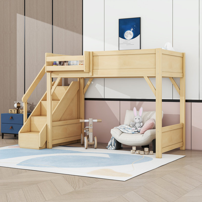 Lit mezzanine en bois avec garde-robe et escalier de rangement, Twin, Natural