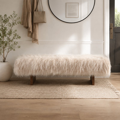 67" Faux Fur Bedroom Bench, Upholstered Long Bench with Solid Rubberwood Legs