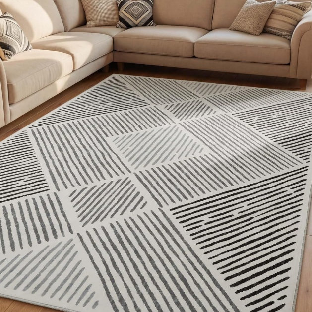 Black White Diamond Line 5' x 7' Rug for Bedroom Hallway