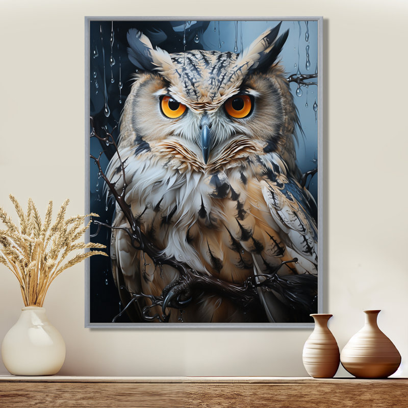 «Grey Owl Nights Watch I», art mural hibou, H 32 po x l 24 po x P 1 po, Encadrement argenté