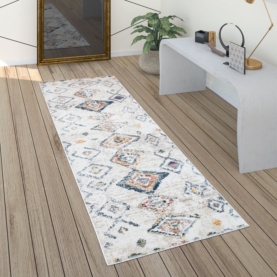 Lena Wohnzimmer Kurzflor Modern Rauten Ethno Boho 3D Power Loom Beige/Blau/Orange Teppich