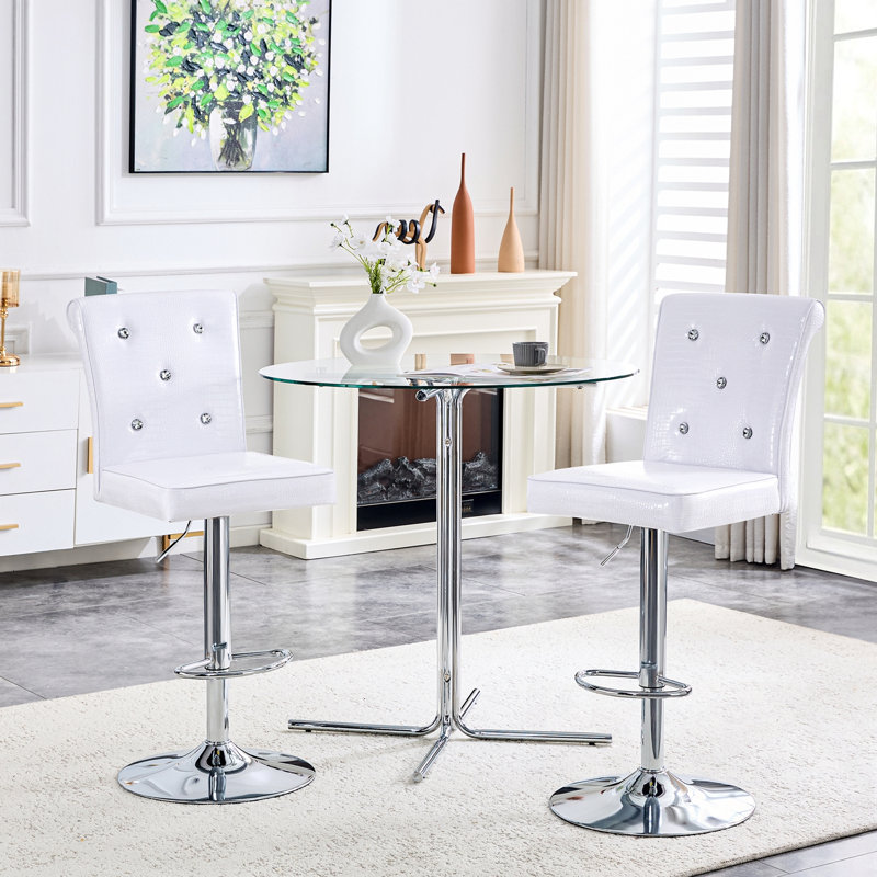 Ensemble de table de bar et tabourets avec base chromée et 2 tabourets de bar en similicuir gaufré crocodile, Argent, blanc