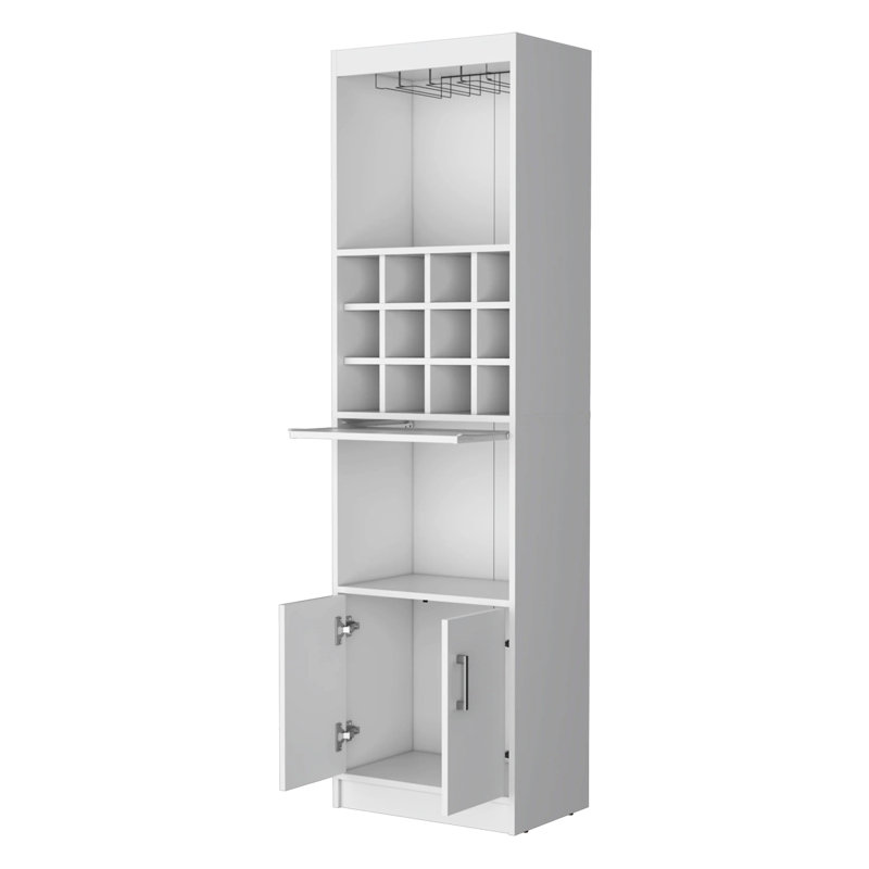 Bar blanc pour articles essentiels - 15 tablettes, 2 portes, 13,3 pouces de profondeur, bois d'ingénierie avec bois de vin spacieux, style moderne