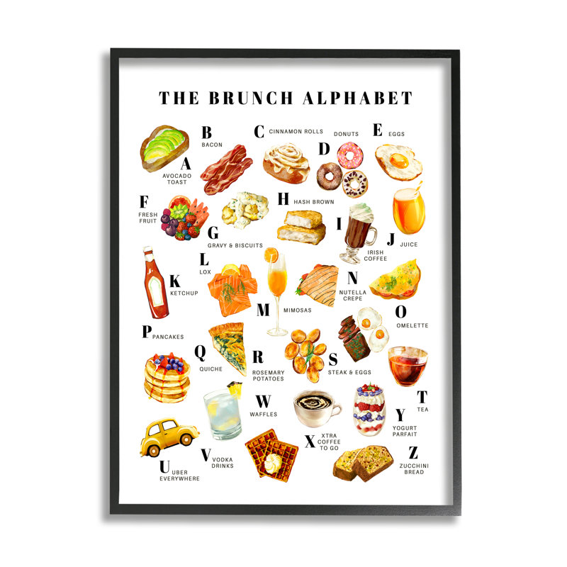 The Brunch Alphabet Food Treats ABC Illustration, H 24 po x l 30 po, Giclée encadrée noir minuit