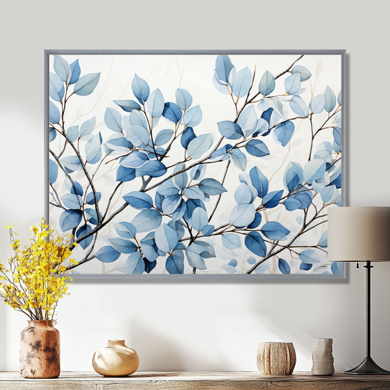 «Blue and Gray Leaves», art mural encadré feuilles, 12" H x 20" W, Encadrement argenté