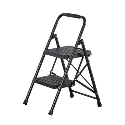 2 Step Ladder, Folding Step Stool with Wide Anti-Slip Pedal and Comfort Handgrip, Lightweight 600 lbs Capacity Portable Steel Ladder, Multi-Use for Kitchen, Home, Household and Office, Black