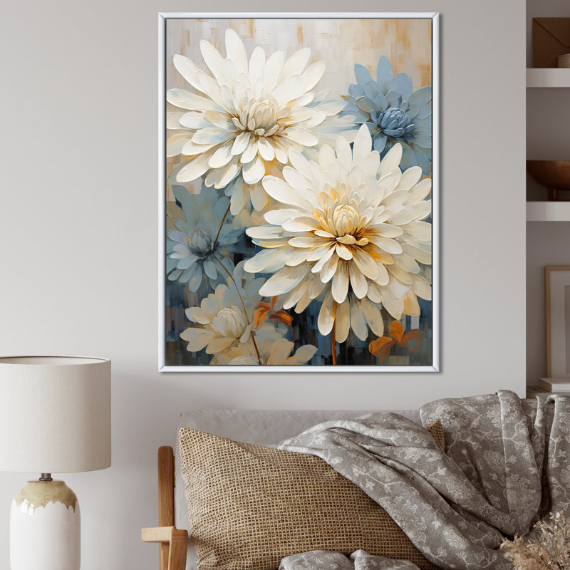 «Mums», peinture beige sur fond blanc et bleu sur toile, Cadre flottant blanc, H 44 po x l 34 po x P 1,5 po