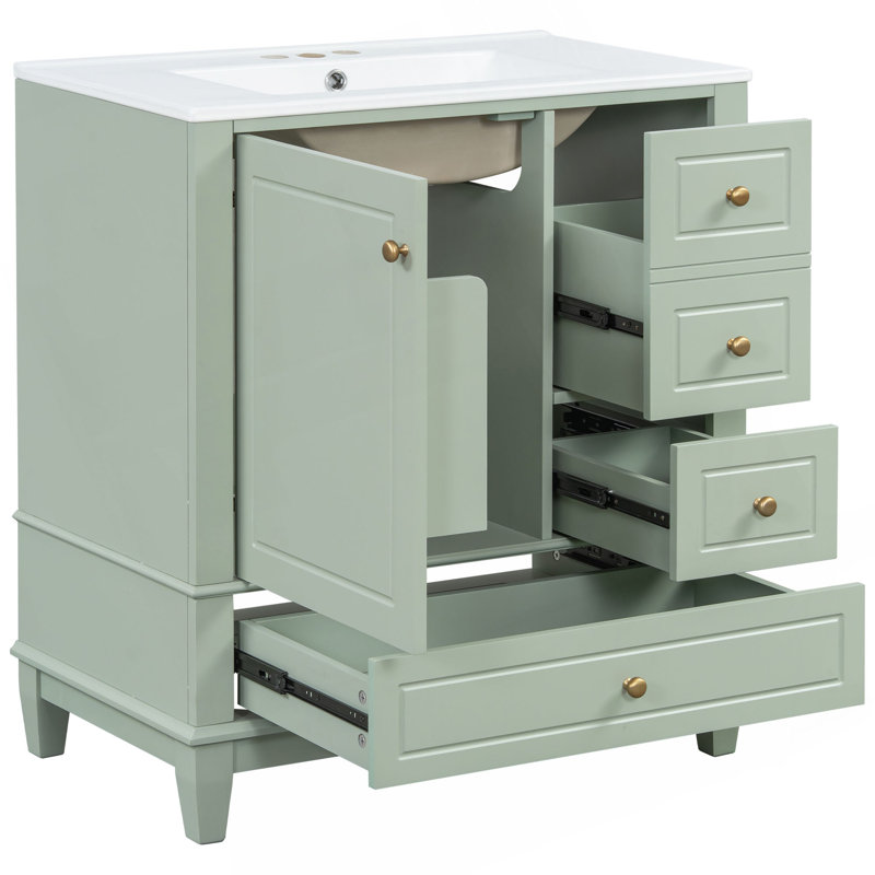 Meuble-lavabo 30 po avec lavabo, une porte avec tablette et trois tiroirs, porte à fermeture en douceur, Light Green