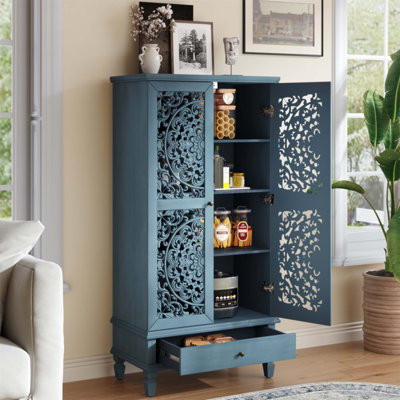 Rustic 55'' Tall Storage Cabinet with Drawer, Decorative 2-Door Carved Wood Accent for Living and Dining Areas