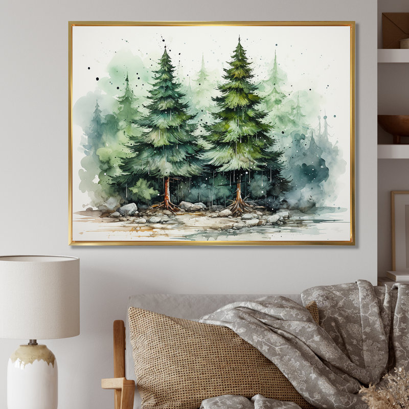 Minimalisme, pin, forêt II - pin, art mural, Cadre flottant doré, H 24 po x l 32 po x P 1 po
