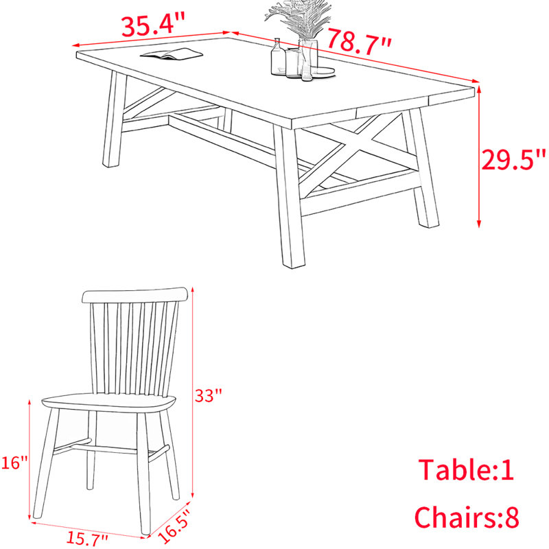 Ensemble de table à manger moderne et simple en bois massif., H 29,5 po x L 78,7 po x l 35,4 po