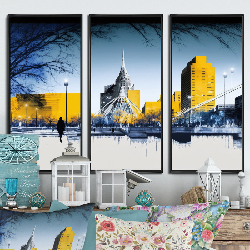 Winnipeg Skyline Of City I - 3 pièces sur toile, H 28 po x l 36 po x P 1 po, Cadre flottant noir