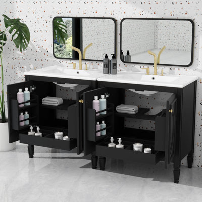 Ensemble de meuble-lavabo 60 po avec lavabo double 60 po, lavabo en céramique, portes à fermeture en douceur avec tablette