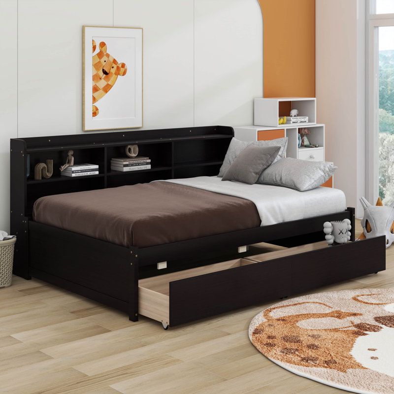 Bed With Side Bookcase, Drawers, Full