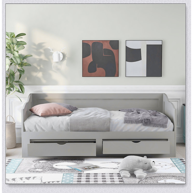 Wooden Daybed With Trundle Bed And Two Storage Drawers , Extendable Bed Daybed,Sofa Bed With Two Drawers, Gray