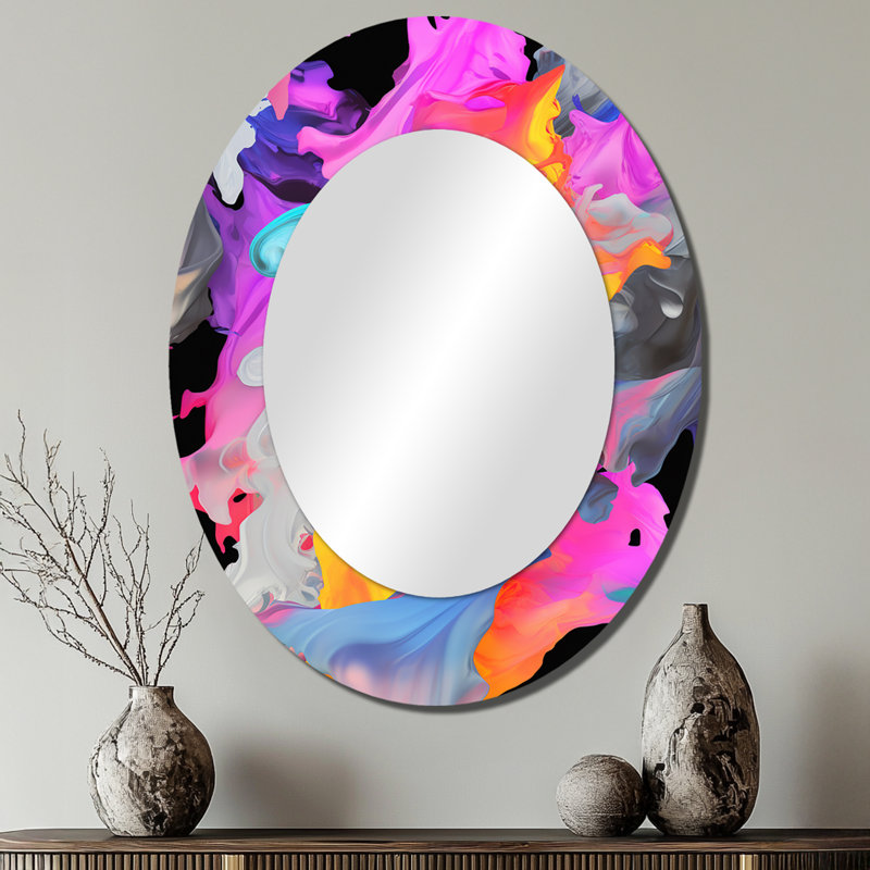 Pink And Blue Paint Fusion II - Large Oval Wall Mirror On Metal, 40" x 30"